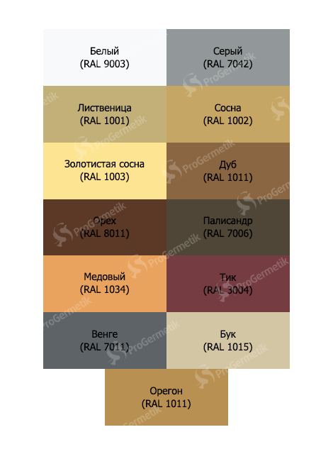 Таблица RAl цветов герметиков для дерева серии «Акцент»